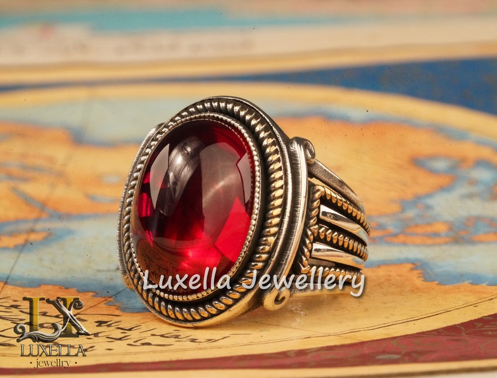 Sterling Silver Red Ruby Men's Ring - Elegant Handcrafted Silver Ring for Men