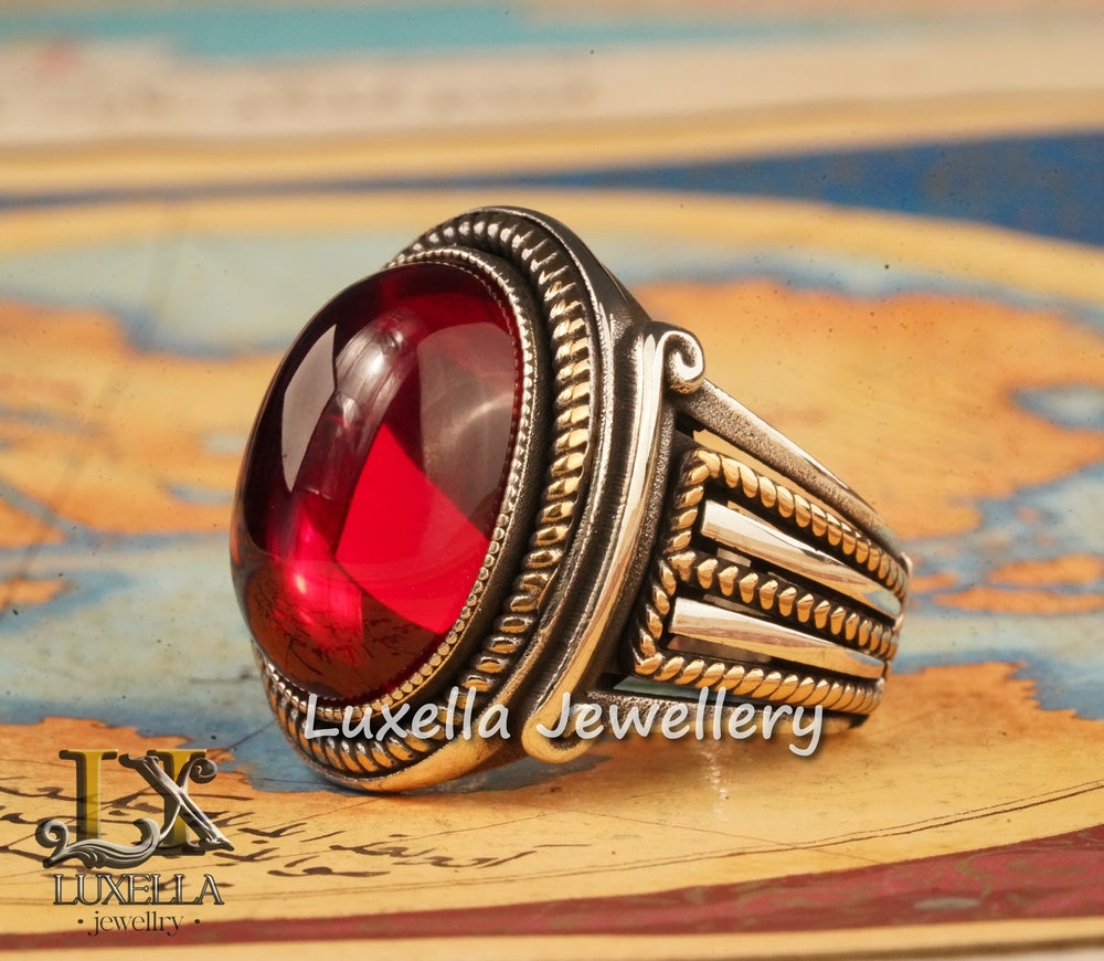 Sterling Silver Red Ruby Men's Ring - Elegant Handcrafted Silver Ring for Men