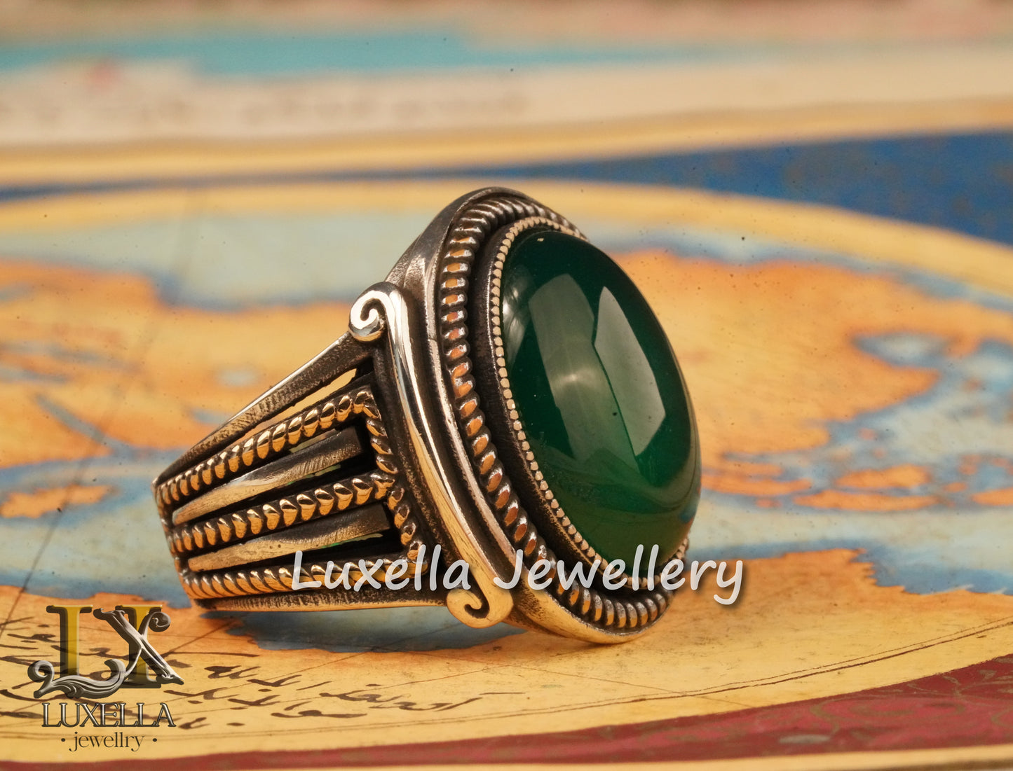 Sterling Silver Green Onyx Men's Ring - Unique Handcrafted Statement Ring For Men