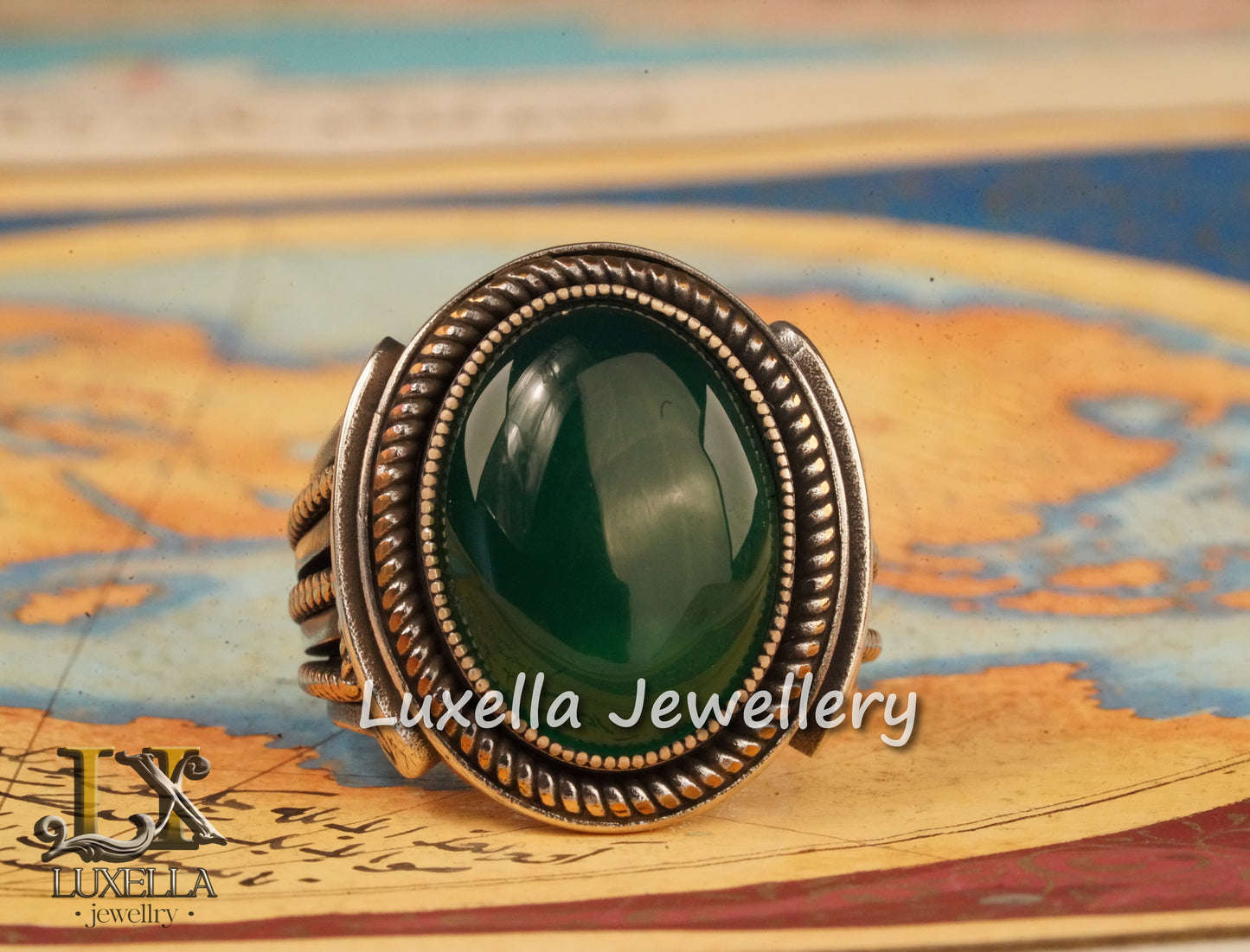 Sterling Silver Green Onyx Men's Ring - Unique Handcrafted Statement Ring For Men