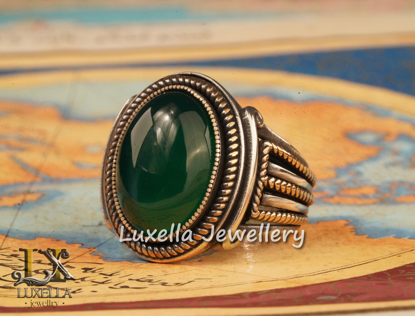 Sterling Silver Green Onyx Men's Ring - Unique Handcrafted Statement Ring For Men