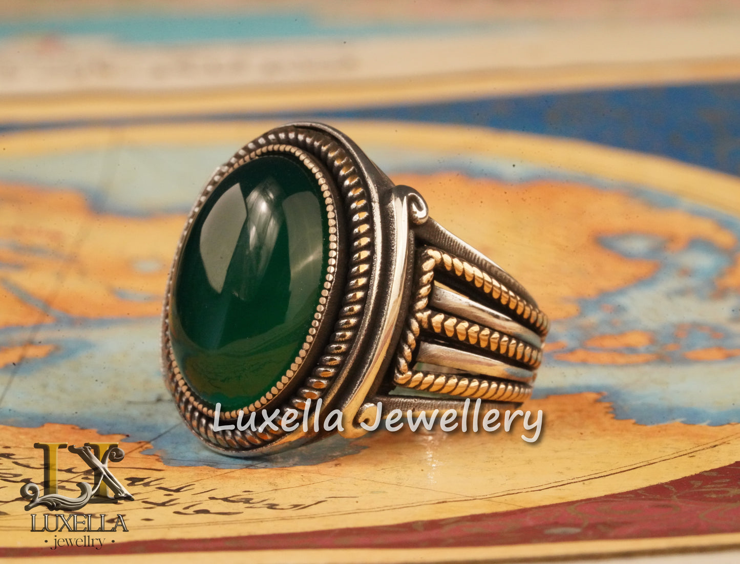 Sterling Silver Green Onyx Men's Ring - Unique Handcrafted Statement Ring For Men