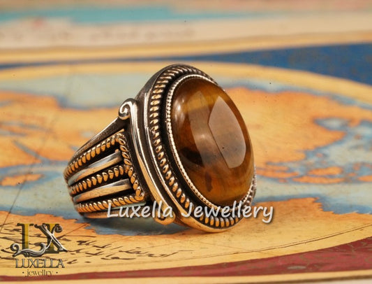 Sterling Silver Tiger's Eye Men's Ring - Handcrafted Unique Silver Ring for Men