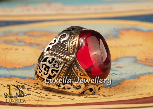 Sterling Silver Red Ruby Men's Ring - Elegant Handcrafted Silver Ring for Men