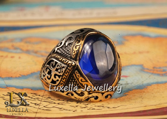 Sterling Silver Sapphire Men's Ring - Handcrafted Ring for Men