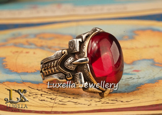 Sterling Silver Red Ruby Men's Ring - Elegant Handcrafted Silver Ring for Men