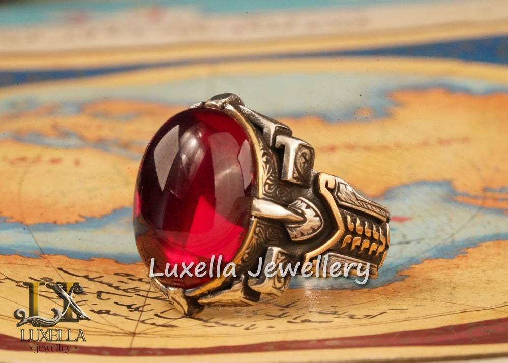 Sterling Silver Red Ruby Men's Ring - Elegant Handcrafted Silver Ring for Men