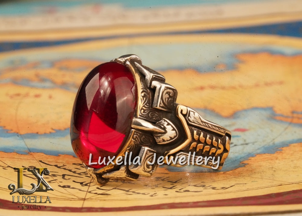 Sterling Silver Red Ruby Men's Ring - Elegant Handcrafted Silver Ring for Men