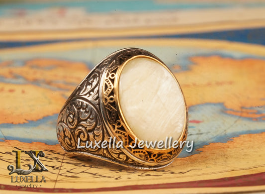 Sterling Silver Mother of Pearl Men's Ring - Handcrafted Ring for Men - Handmade Men's Ring