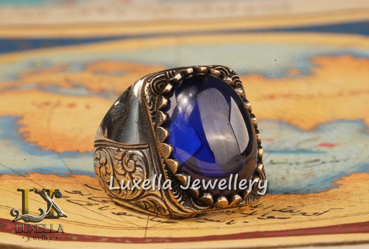 Sterling Silver Sapphire Men's Ring - Handcrafted Ring for Men