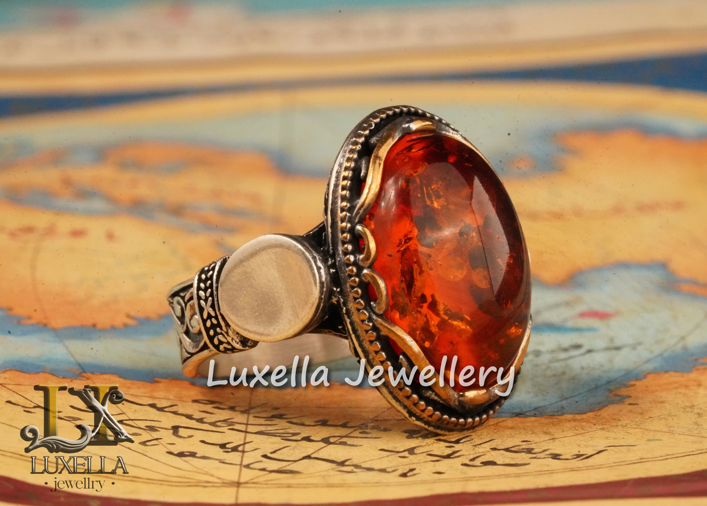 Sterling Silver Amber Men's Ring - Timeless Handcrafted Jewelry Ring For Men