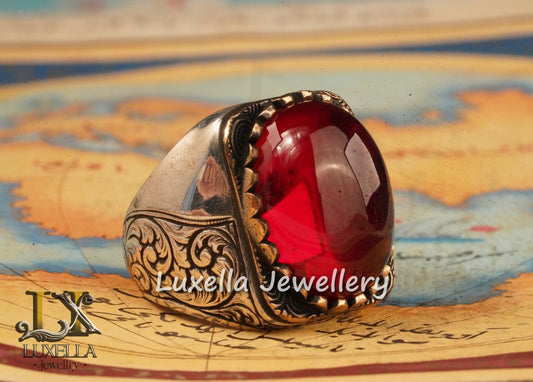 Sterling Silver Red Ruby Men's Ring - Elegant Handcrafted Silver Ring for Men