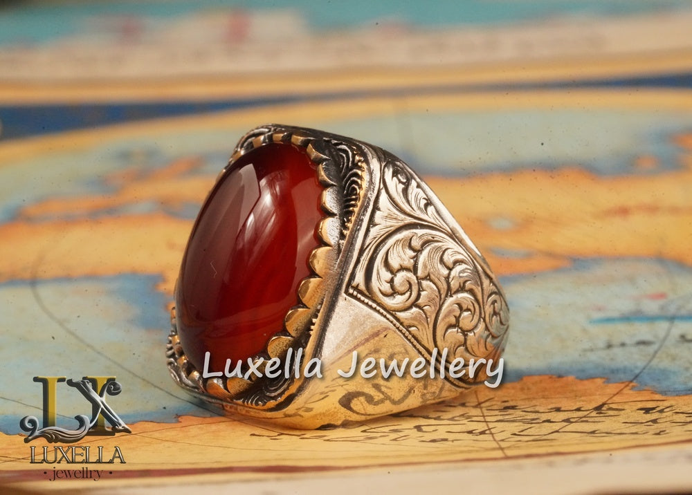 Sterling Silver Agate Men's Ring - Unique Handcrafted Jewelry Statement Ring For Men