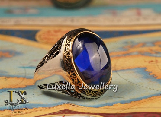 Sterling Silver Sapphire Men's Ring - Handcrafted Ring for Men