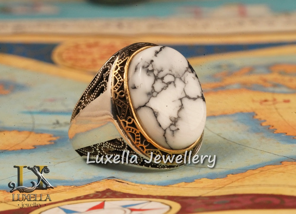 Marble Stone Men's Ring - Sterling Silver 925 Men's Ring - Handmade Men's Ring