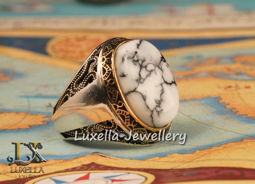 Marble Stone Men's Ring - Sterling Silver 925 Men's Ring - Handmade Men's Ring