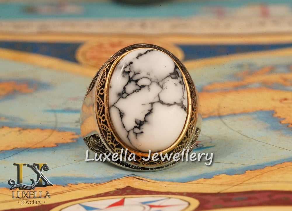 Marble Stone Men's Ring - Sterling Silver 925 Men's Ring - Handmade Men's Ring