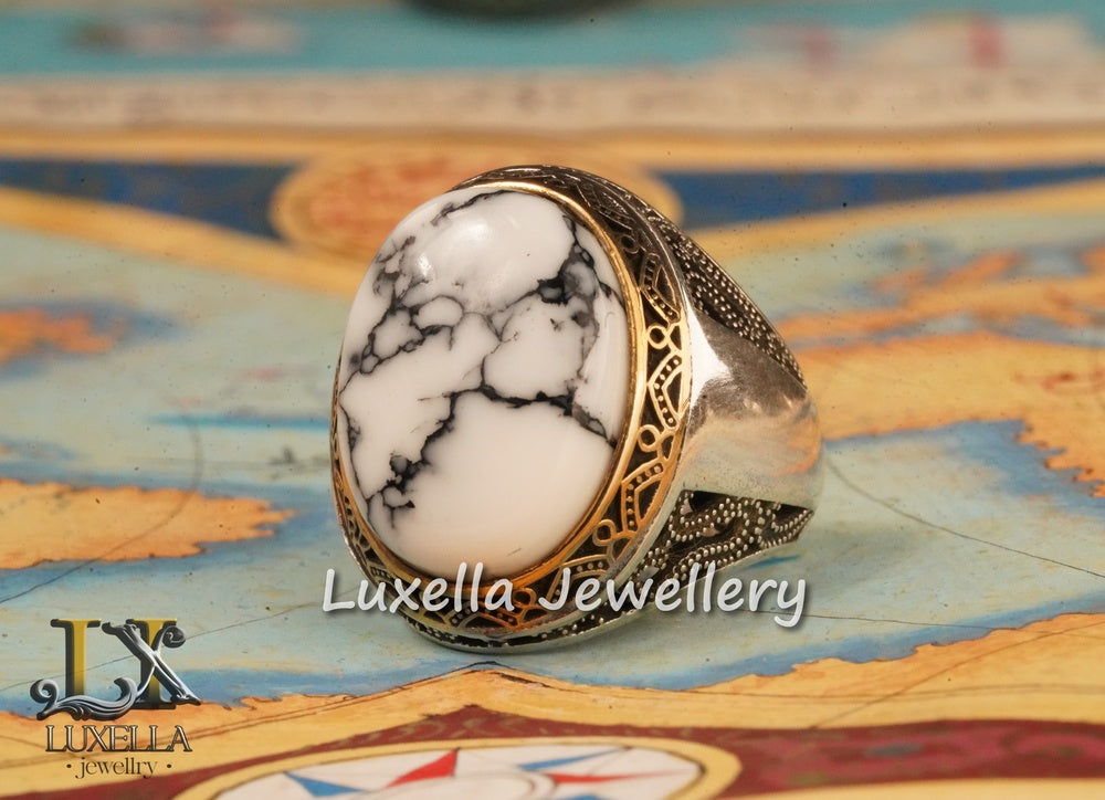 Marble Stone Men's Ring - Sterling Silver 925 Men's Ring - Handmade Men's Ring