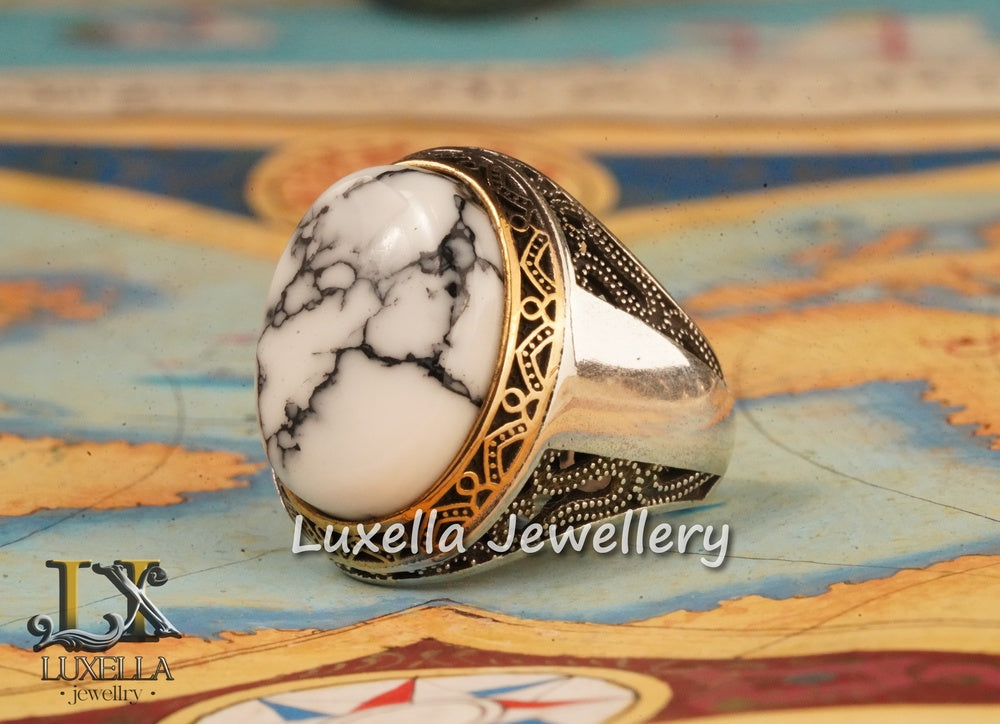 Marble Stone Men's Ring - Sterling Silver 925 Men's Ring - Handmade Men's Ring