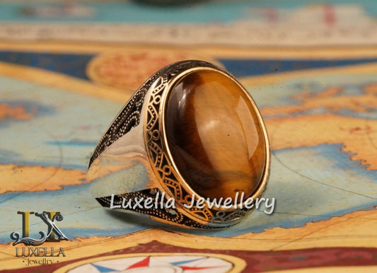 Sterling Silver Tiger's Eye Men's Ring - Handcrafted Unique Silver Ring for Men