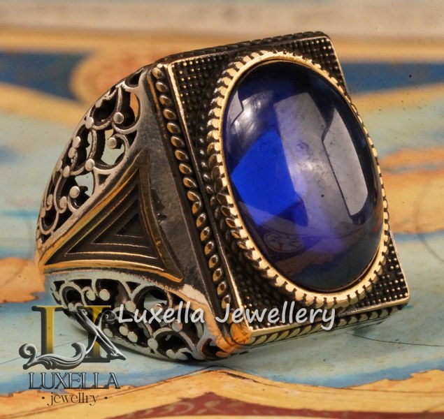 Sterling Silver Sapphire Men's Ring - Handcrafted Ring for Men