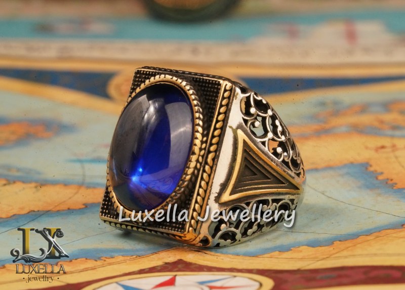 Sterling Silver Sapphire Men's Ring - Handcrafted Ring for Men