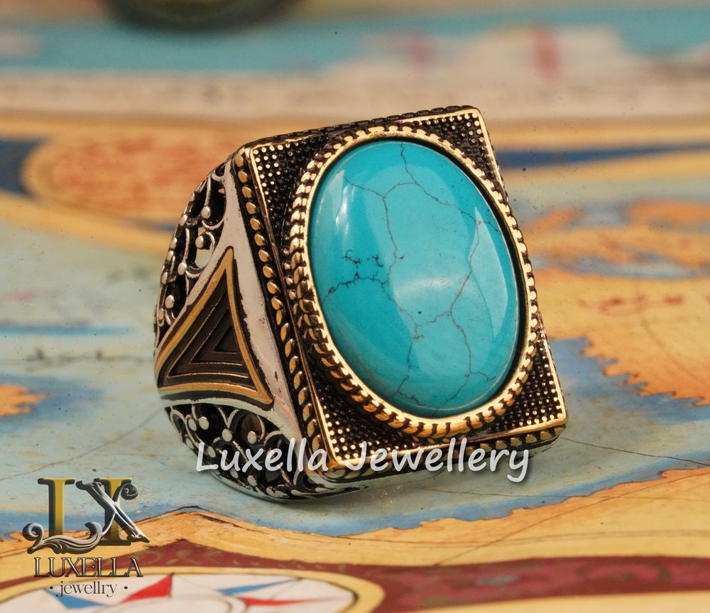 Sterling Silver Turquoise Men's Ring - Handcrafted Statement Jewelry for Men