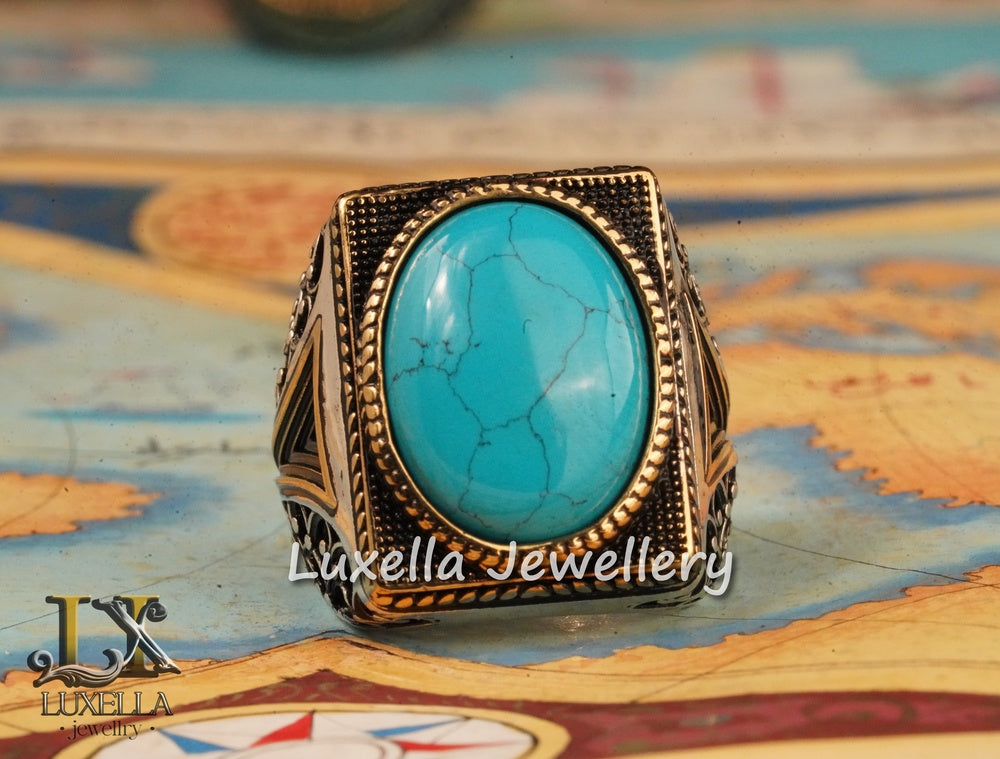 Sterling Silver Turquoise Men's Ring - Handcrafted Statement Jewelry for Men