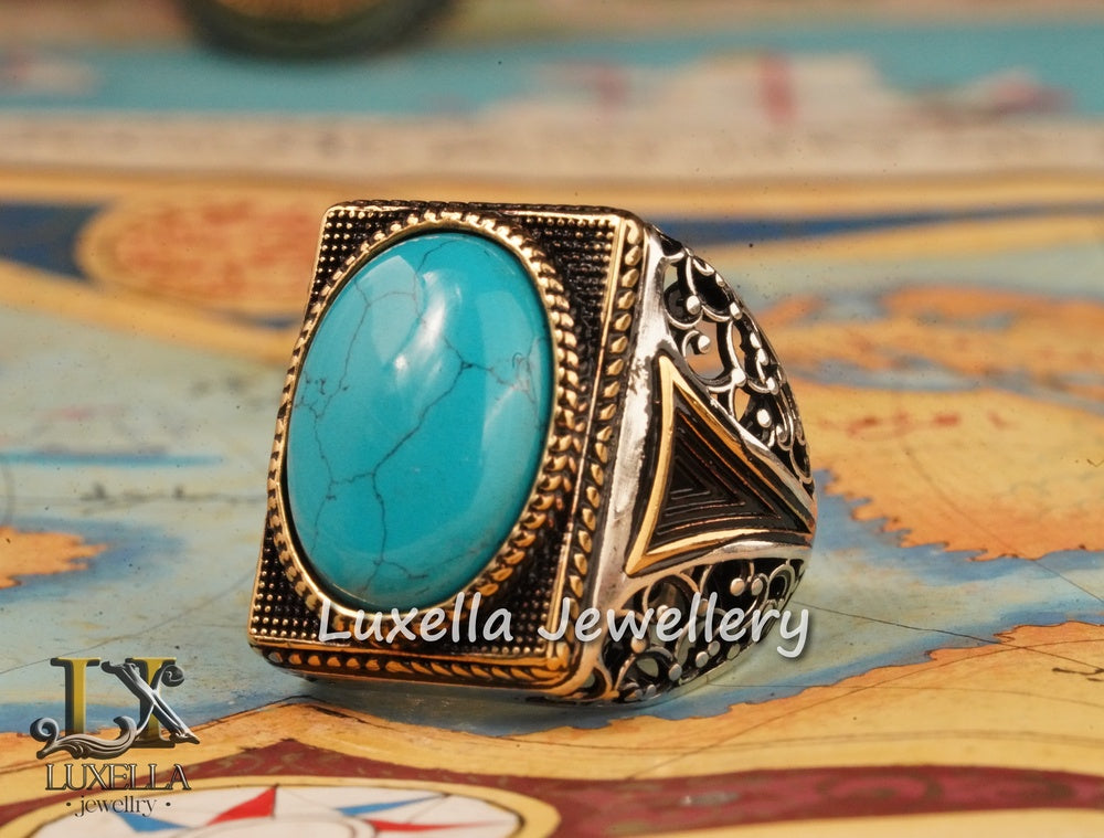 Sterling Silver Turquoise Men's Ring - Handcrafted Statement Jewelry for Men