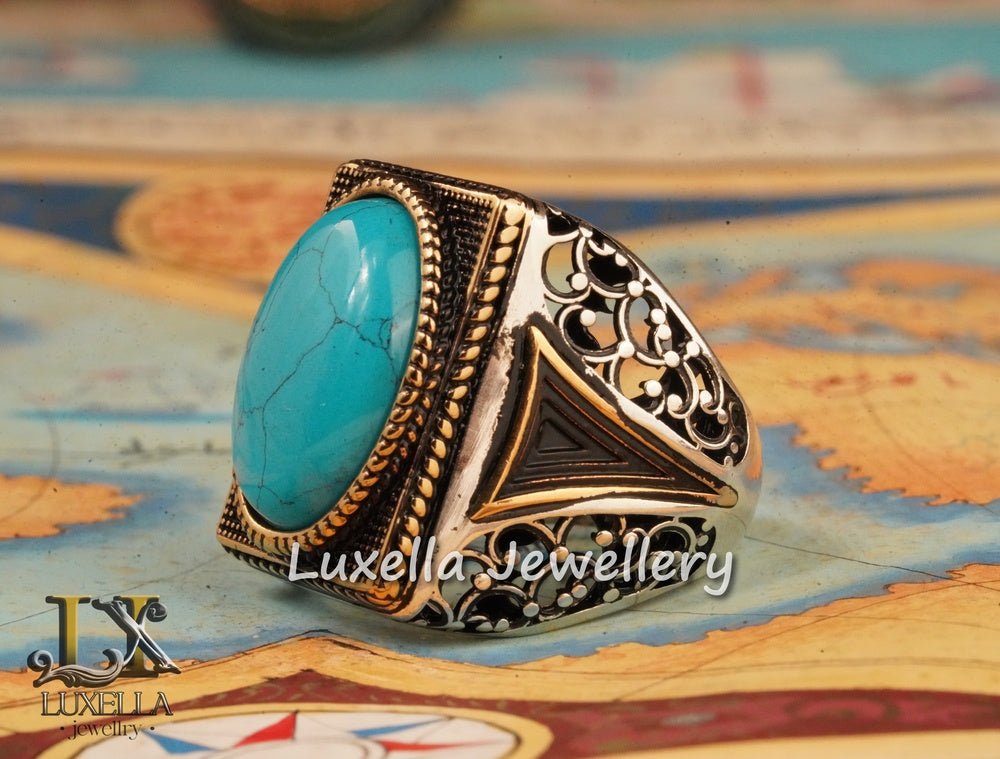 Sterling Silver Turquoise Men's Ring - Handcrafted Statement Jewelry for Men