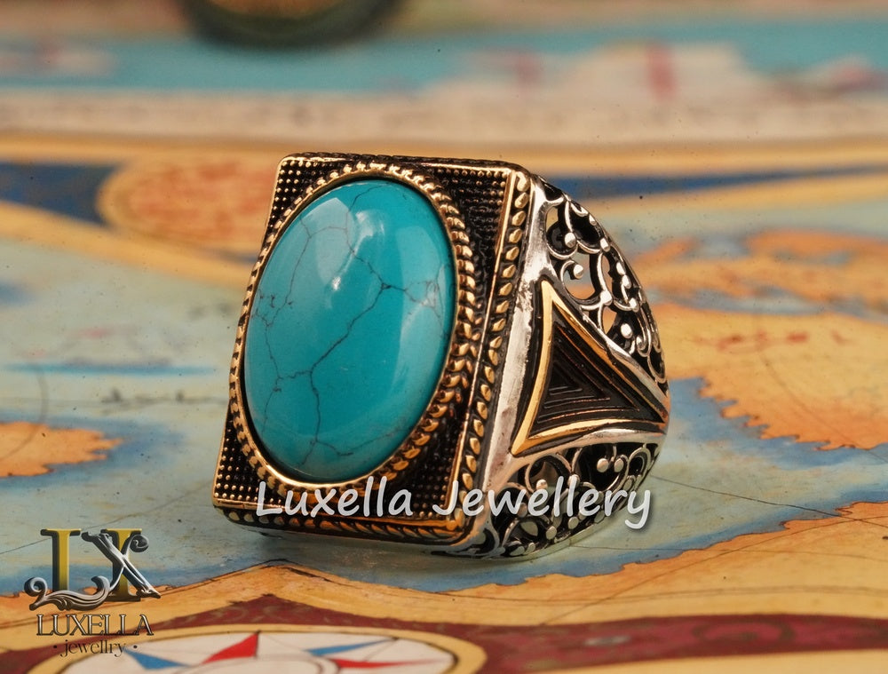 Sterling Silver Turquoise Men's Ring - Handcrafted Statement Jewelry for Men