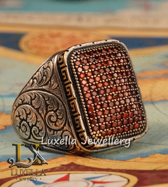 Sterling Silver Garnet Men's Ring - Handcrafted Jewelry for Bold Style