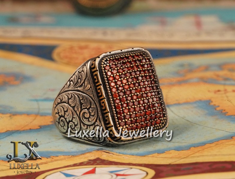 Sterling Silver Garnet Men's Ring - Handcrafted Jewelry for Bold Style