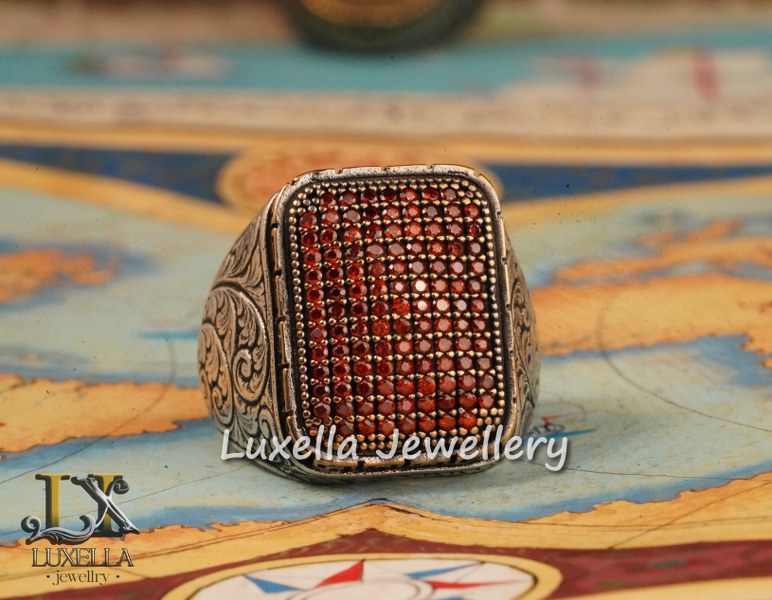 Sterling Silver Garnet Men's Ring - Handcrafted Jewelry for Bold Style