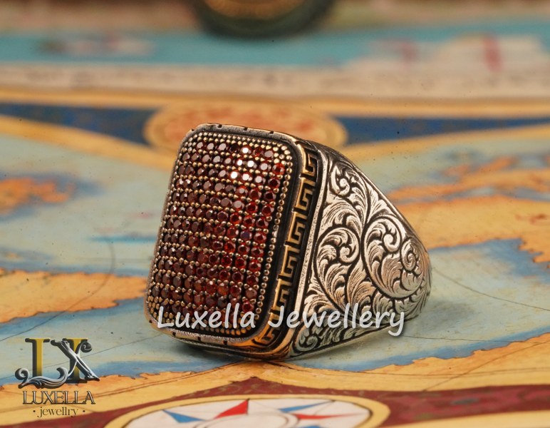 Sterling Silver Garnet Men's Ring - Handcrafted Jewelry for Bold Style