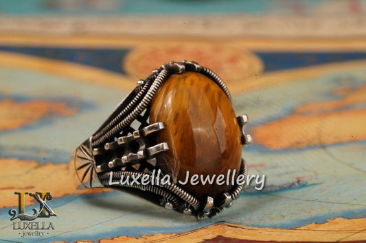 Sterling Silver Tiger's Eye Men's Ring - Handcrafted Unique Silver Ring for Men