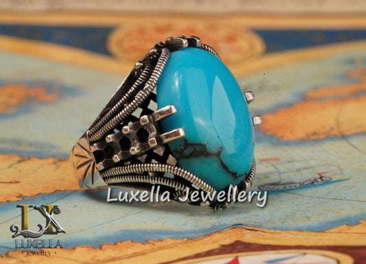 Sterling Silver Turquoise Men's Ring - Handcrafted Statement Jewelry for Men