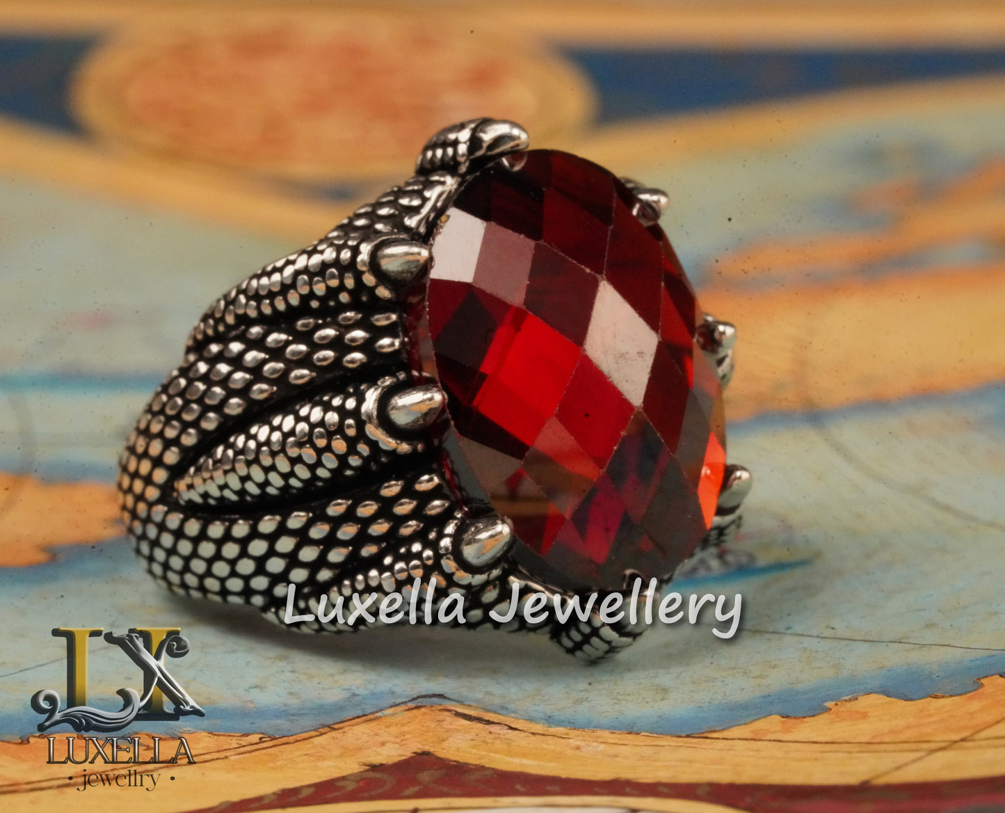 Sterling Silver Garnet Men's Ring - Handcrafted Jewelry for Bold Style