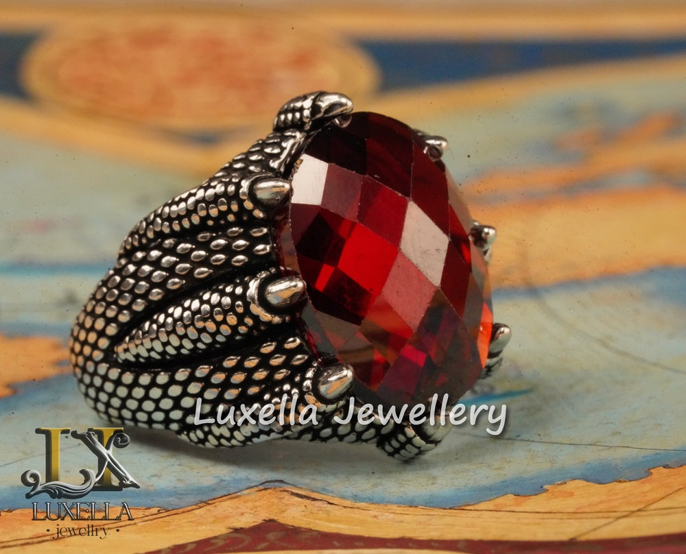 Sterling Silver Garnet Men's Ring - Handcrafted Ring for Men - Handmade Men's Ring