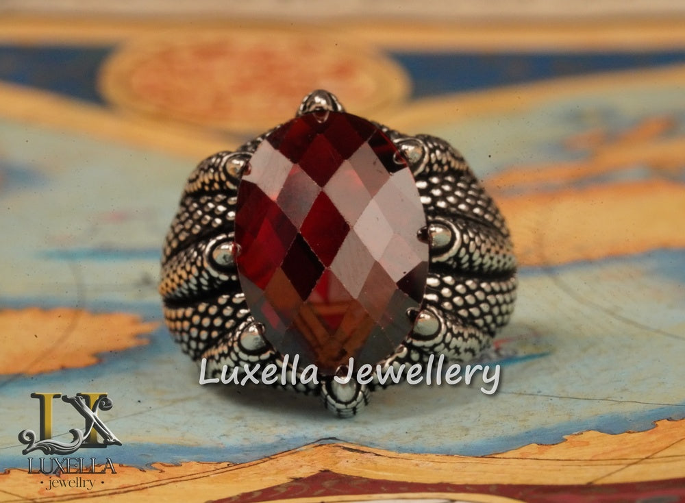 Sterling Silver Garnet Men's Ring - Handcrafted Ring for Men - Handmade Men's Ring