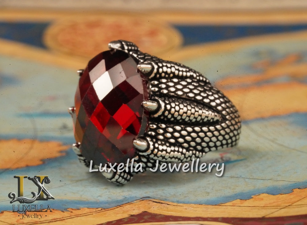 Sterling Silver Garnet Men's Ring - Handcrafted Ring for Men - Handmade Men's Ring