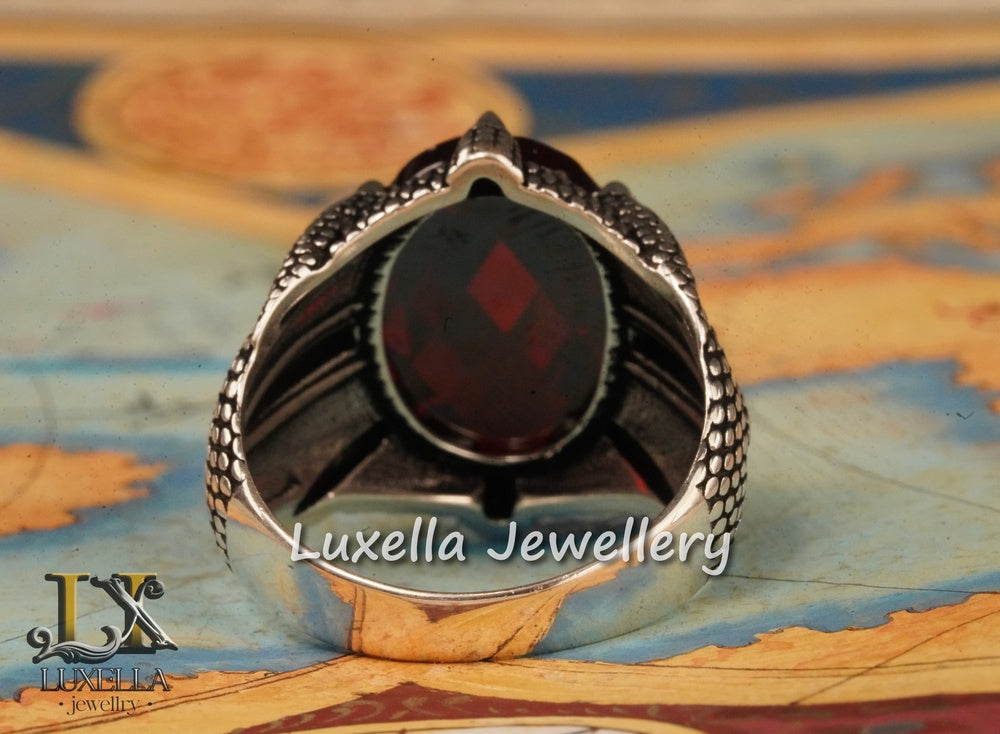 Sterling Silver Garnet Men's Ring - Handcrafted Ring for Men - Handmade Men's Ring