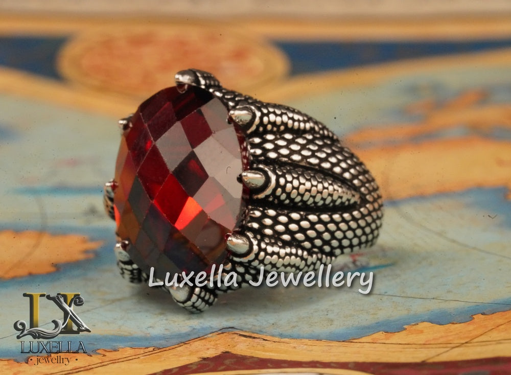 Sterling Silver Garnet Men's Ring - Handcrafted Ring for Men - Handmade Men's Ring