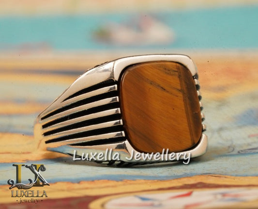 Sterling Silver Tiger's Eye Men's Ring - Handcrafted Unique Silver Ring for Men