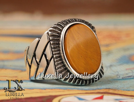 Sterling Silver Tiger's Eye Men's Ring - Handcrafted Unique Silver Ring for Men