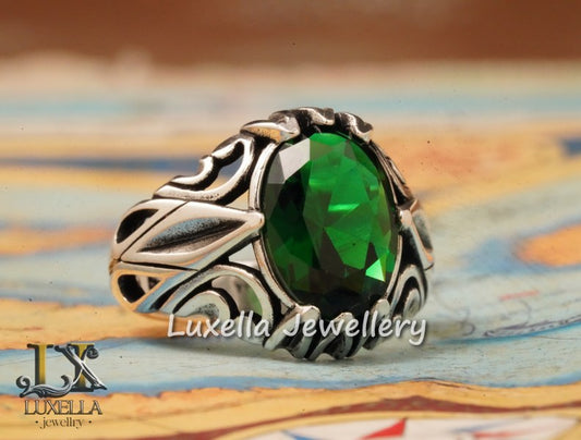 Sterling Silver Emerald Men's Ring - Unique Handcrafted Ring for Men