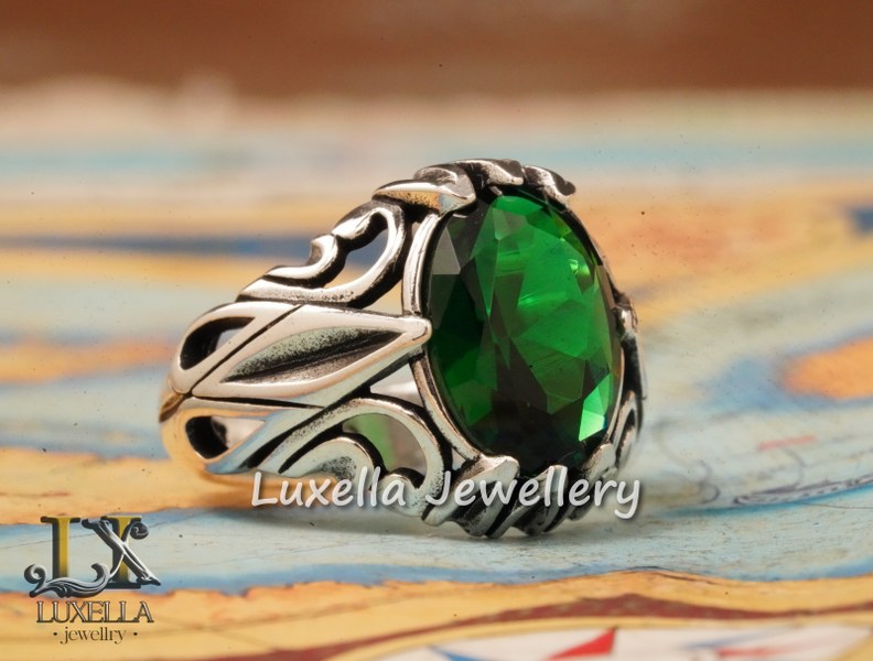 Sterling Silver Emerald Men's Ring - Unique Handcrafted Ring for Men