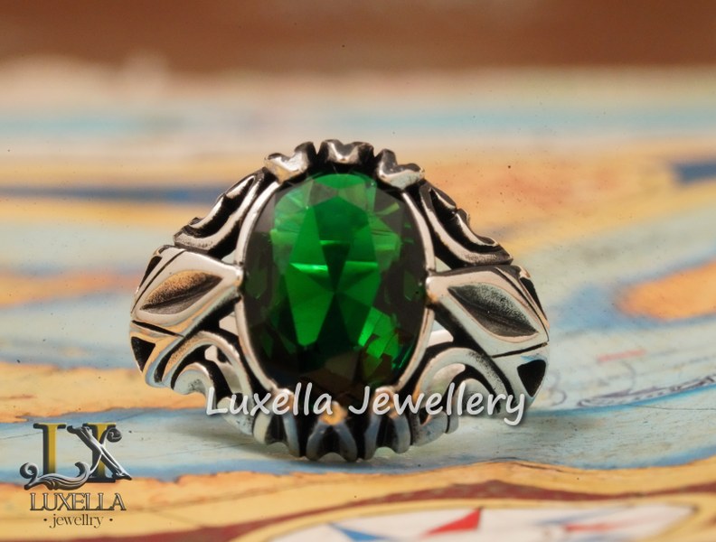 Sterling Silver Emerald Men's Ring - Unique Handcrafted Ring for Men