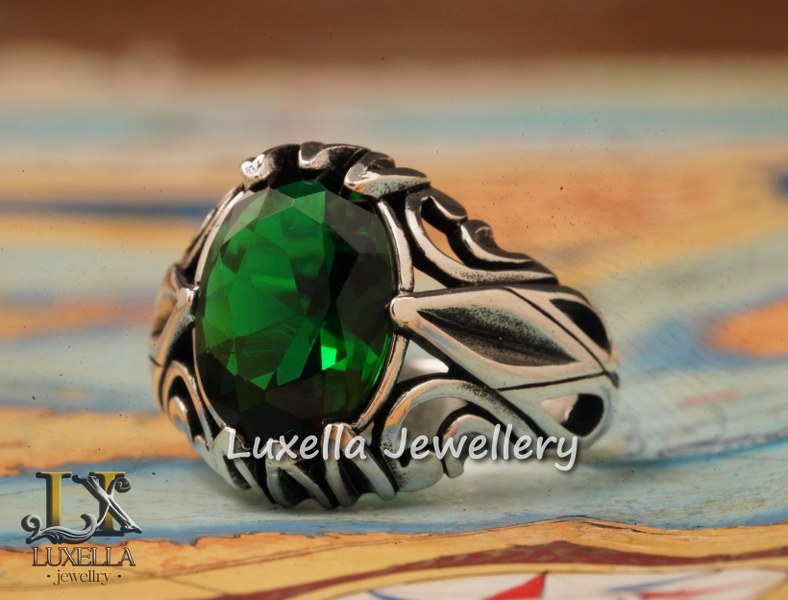 Sterling Silver Emerald Men's Ring - Unique Handcrafted Ring for Men