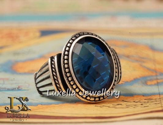 Sterling Silver Sapphire Men's Ring - Handcrafted Ring for Men